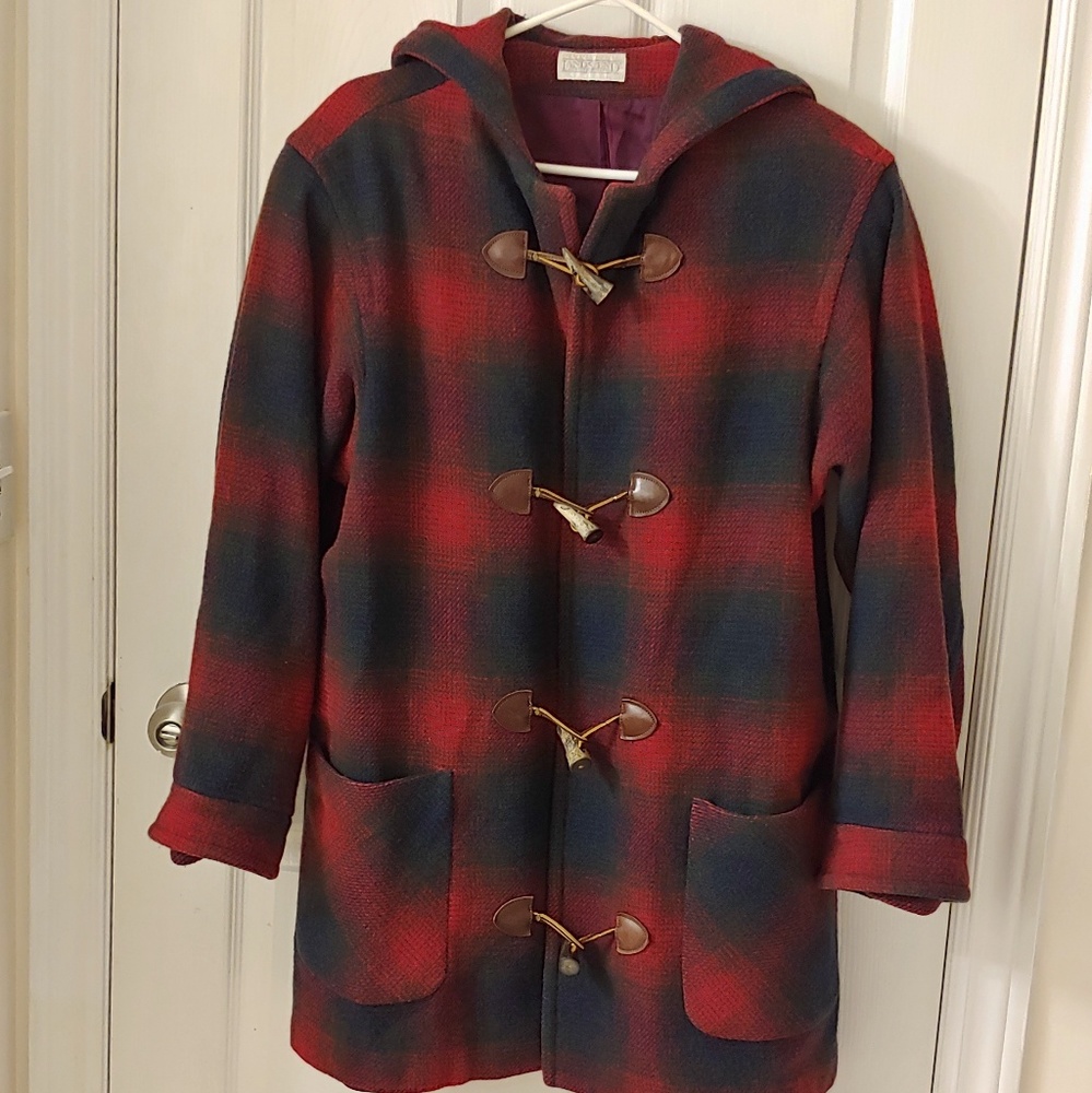 Lands end wool plaid red gray duffel coat sz 10